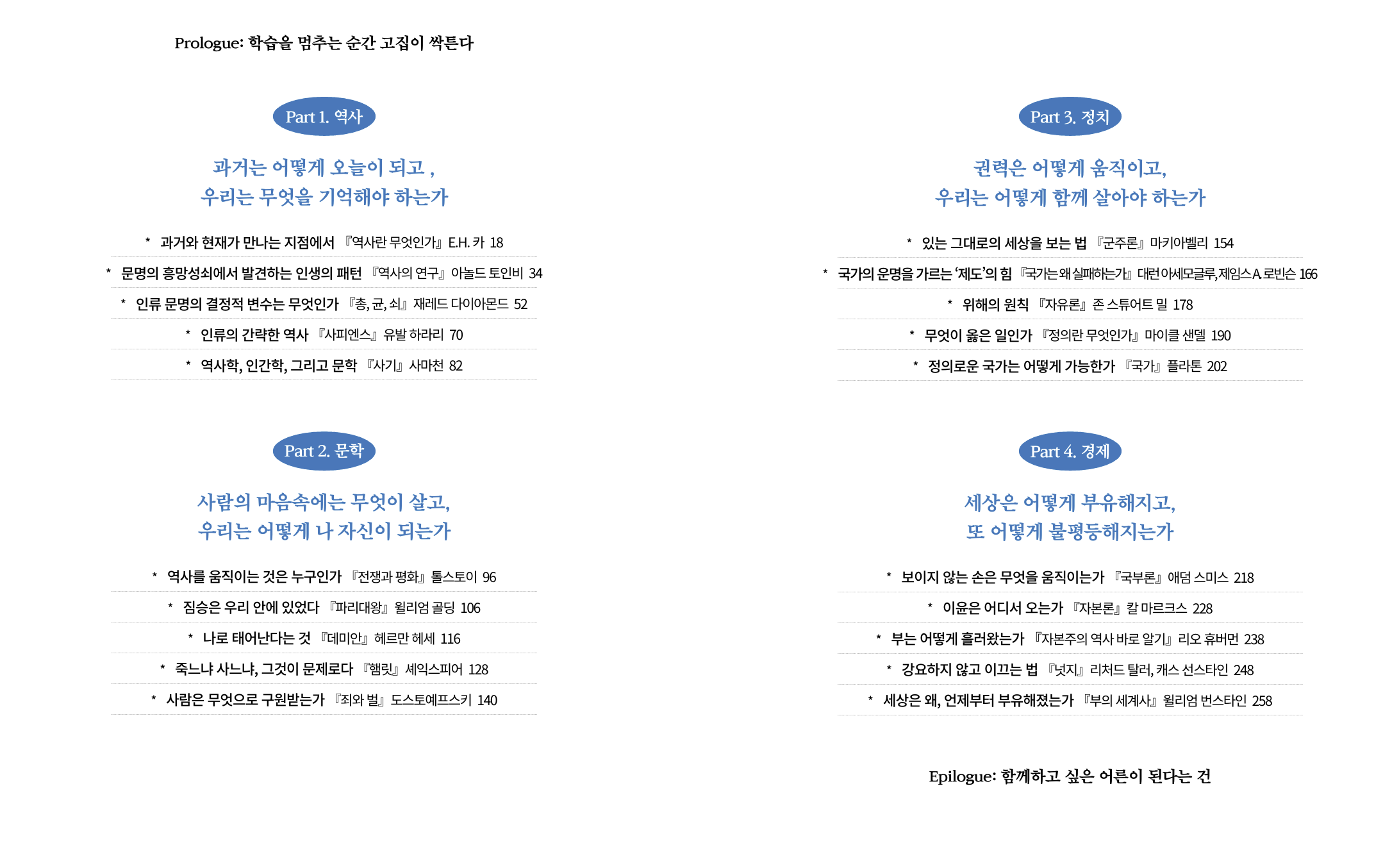 어른의 독서 목차 - Part 1 역사, Part 2 문학, Part 3 정치, Part 4 경제